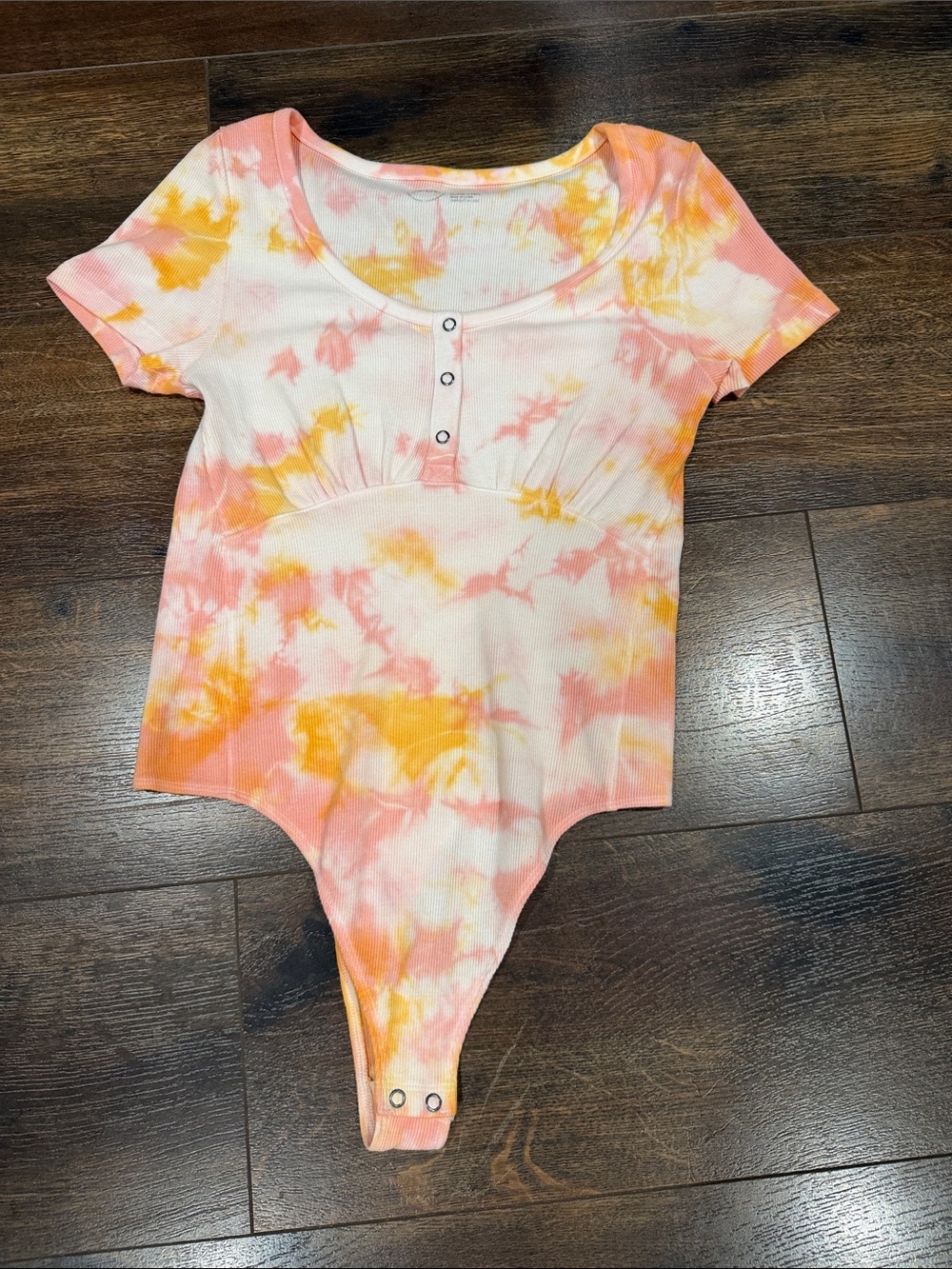 aerie Ribbed Tie-Dye Short Sleeve Bodysuit - Pink & Yellow